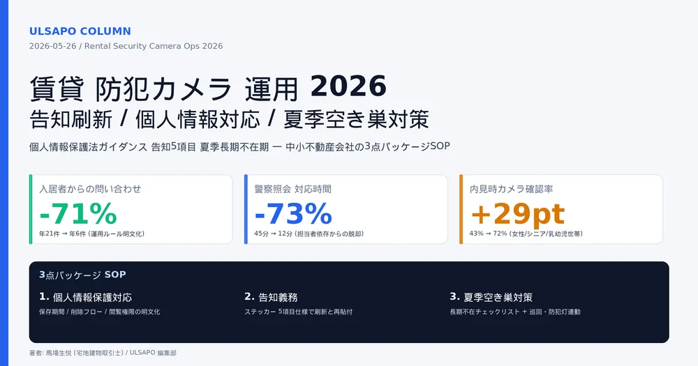 賃貸防犯カメラ運用2026|中小不動産会社の個人情報・告知義務・夏季空き巣対策3点パッケージSOP