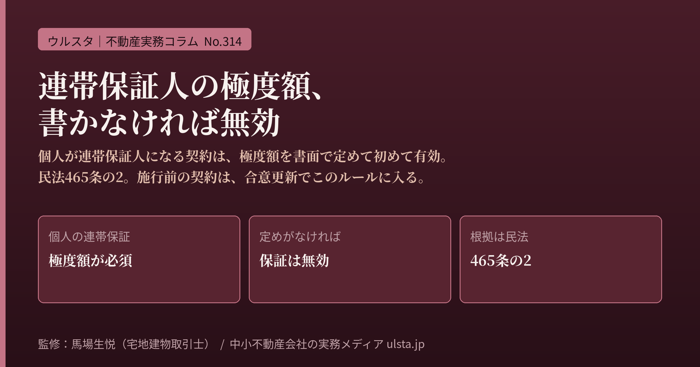 賃貸の連帯保証人「極度額」実務2026｜個人根保証は極度額を書面で定めないと無効・民法465条の2と465条の4、合意更新と保証会社併用を中小不動産の実務目線で整理