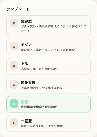 実際の募集図面スタジオにある6種類のテンプレート。横型が選択されている