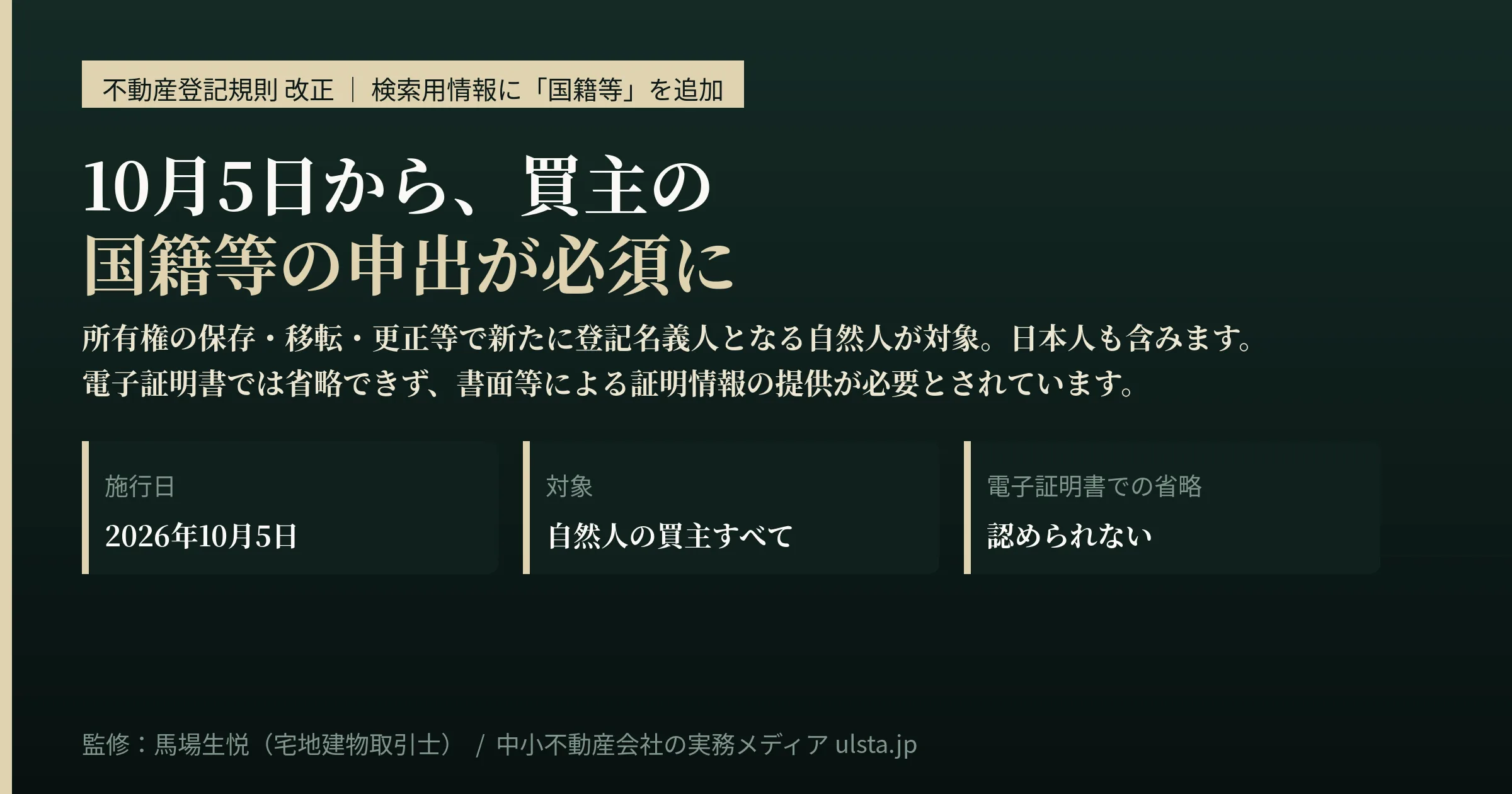 不動産登記の「国籍等」申出が2026年10月5日から必須に