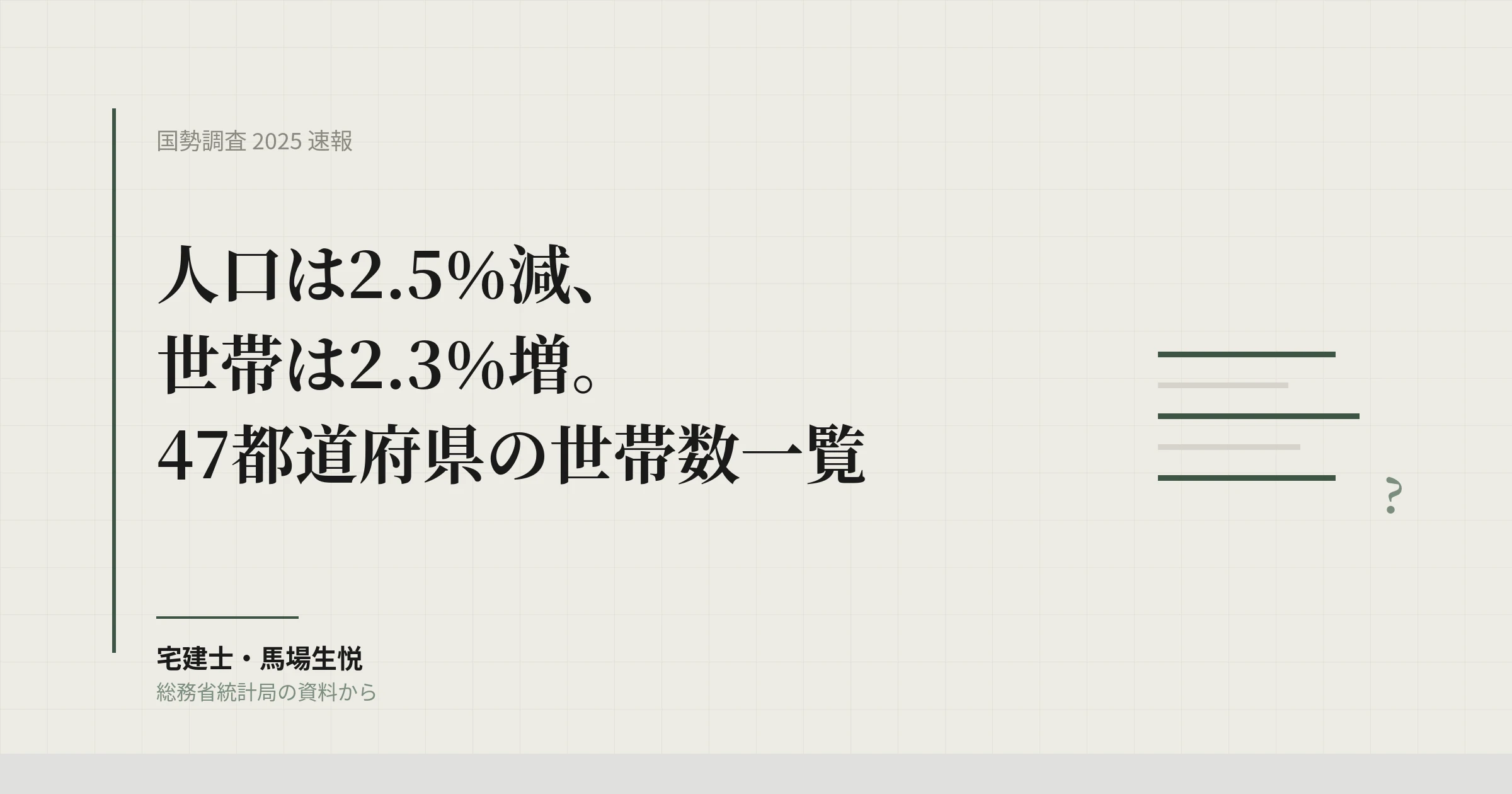 国勢調査2025速報|人口2.5%減でも世帯2.3%増、47都道府県の世帯数一覧