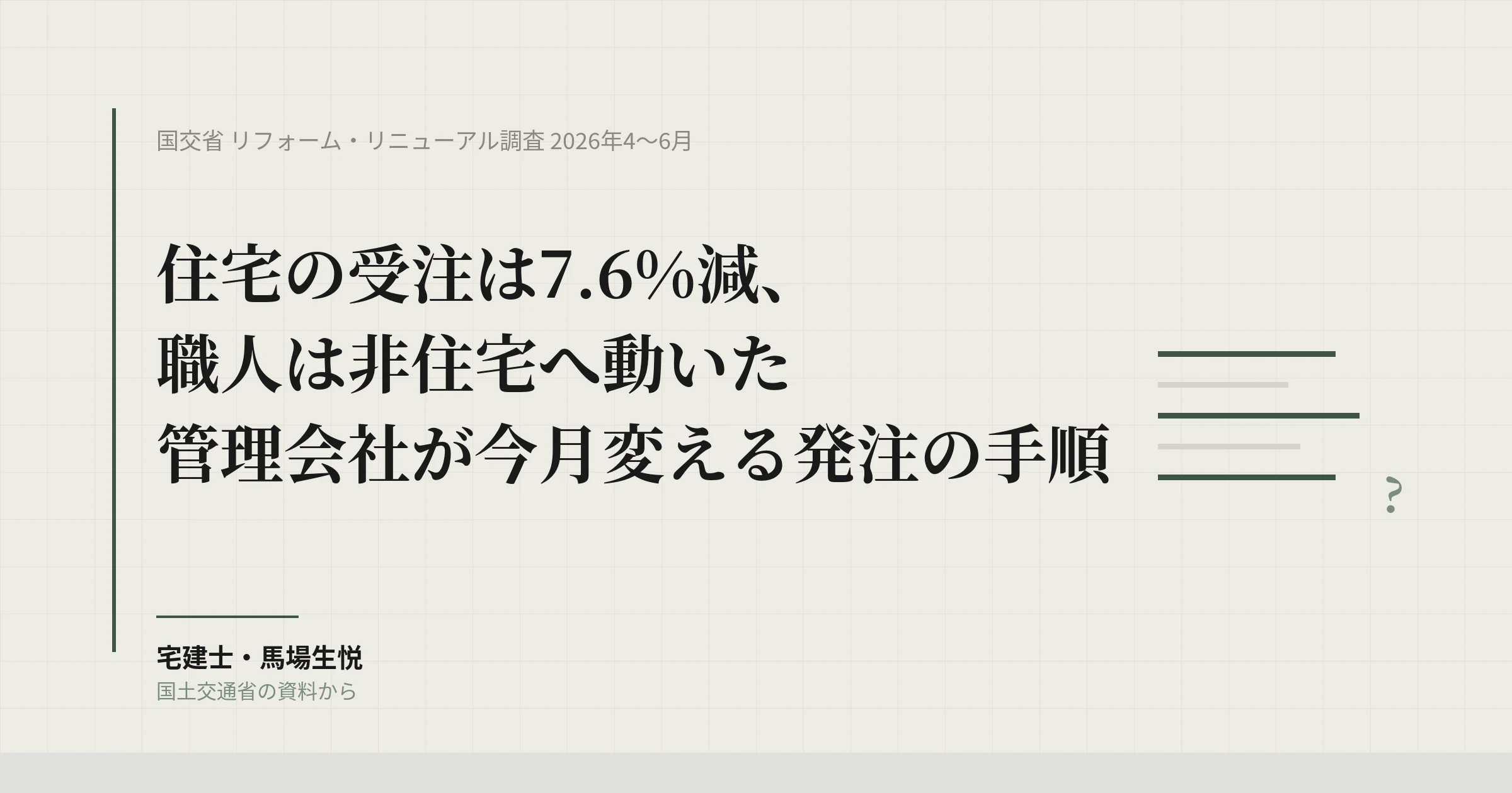 リフォーム調査2026年4〜6月|住宅7.6%減・共用部31%減、職人は非住宅へ